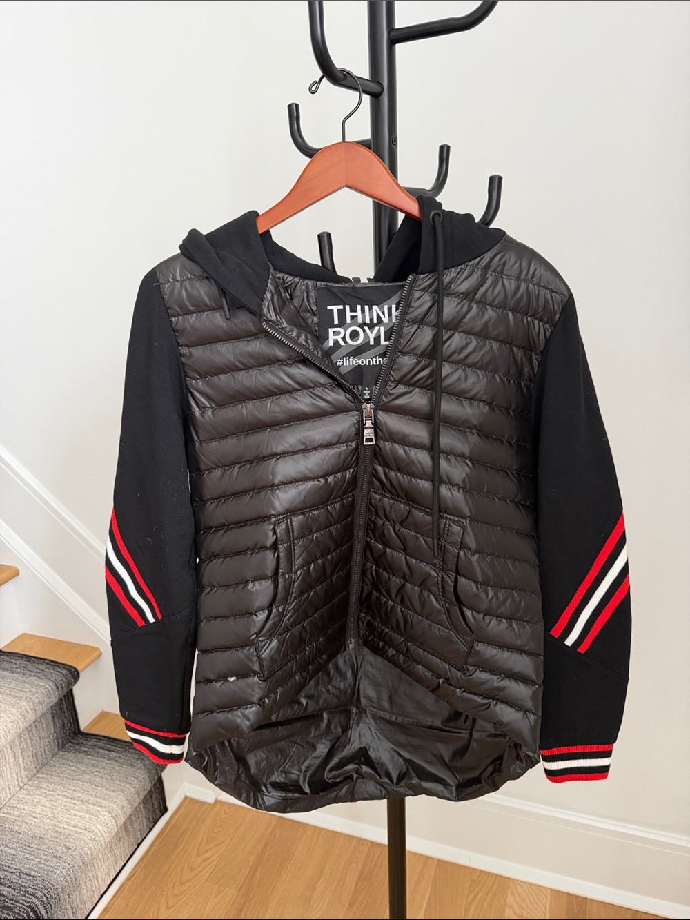 THINK ROYLN Black Quilted Hoodie with Red Stripe Sleeves